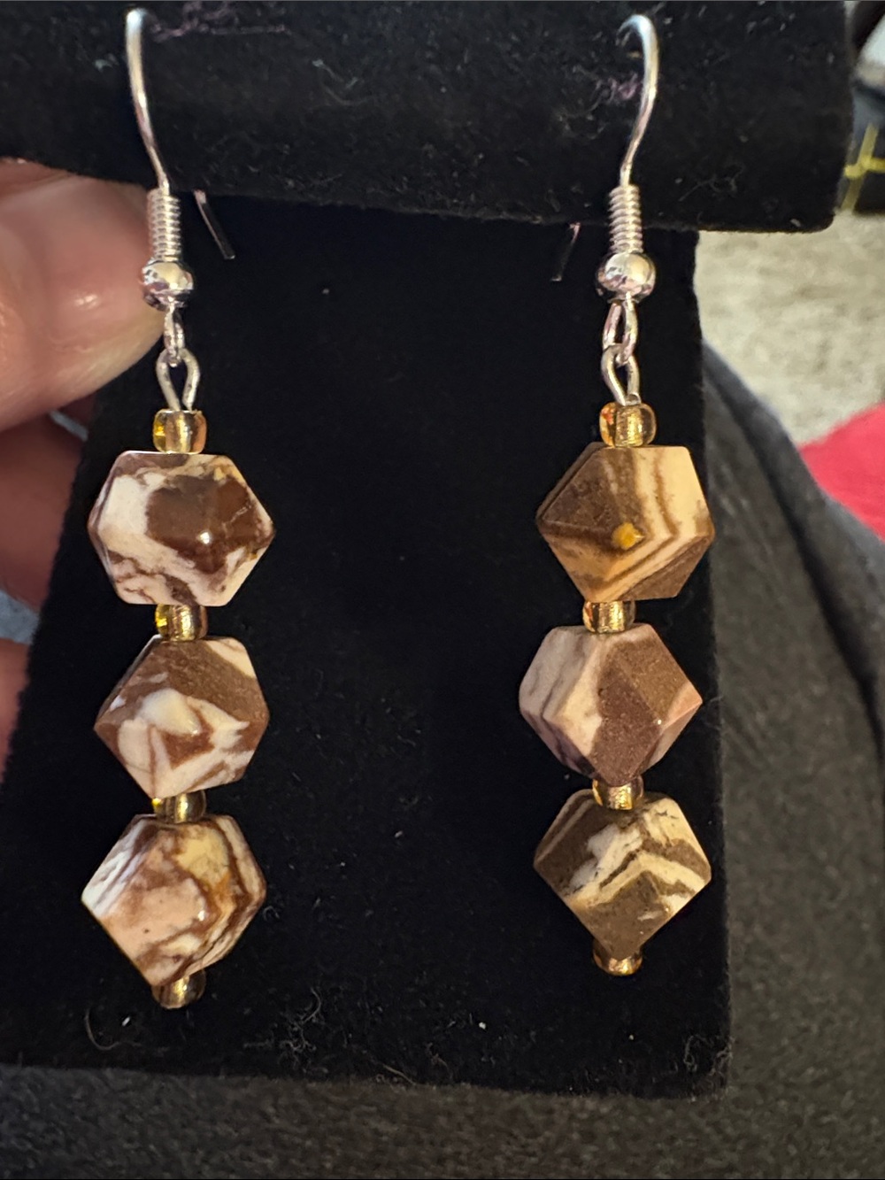 Brown Marbled Coffee & Cream Jasper Drop Earrings - Hand Crafted